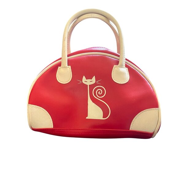 Red Tango by Tokyo Bay Retro Vintage Mini Bowling Bag Women's Red/White Cat - Picture 2 of 9